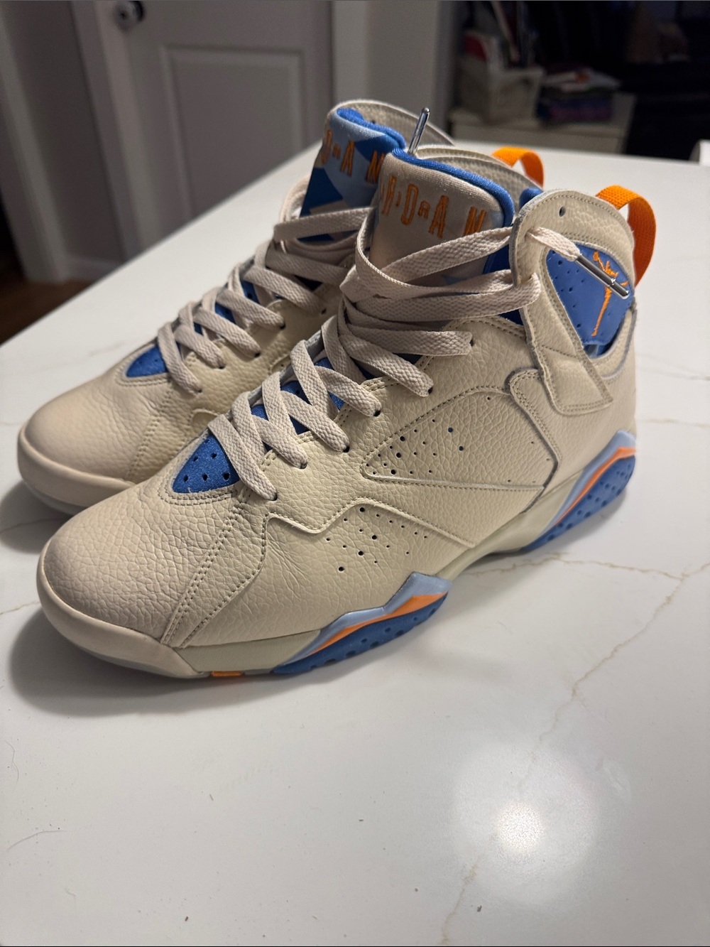 Jordan Kids High-Top Sneakers in Cream, Blue & Orange